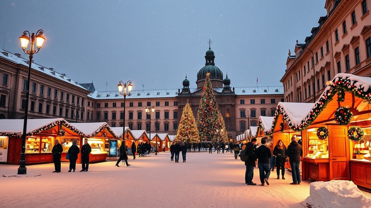 Christmas market lights in Vienna glowing during snowy Wien Wetter