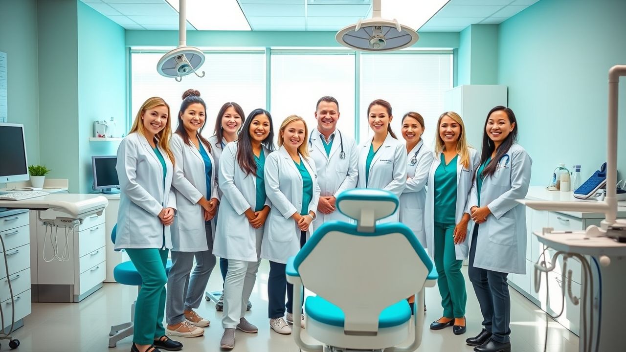 Team of dental hygienists working together in a modern dental office. dental hygienist salary.