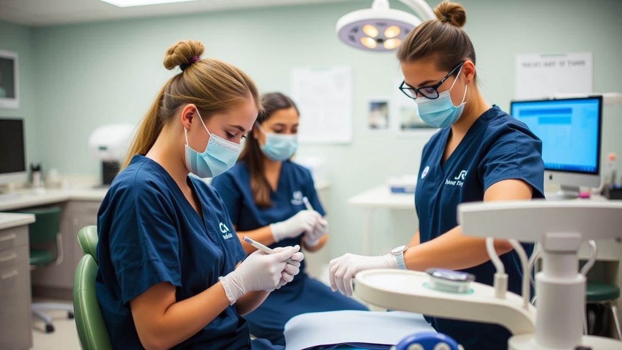 Dental hygiene students practicing teeth cleaning in a training program.