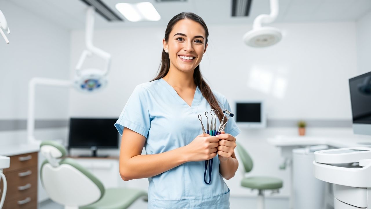 Dental hygienist student practicing in a U.S. dental hygiene school clinic.