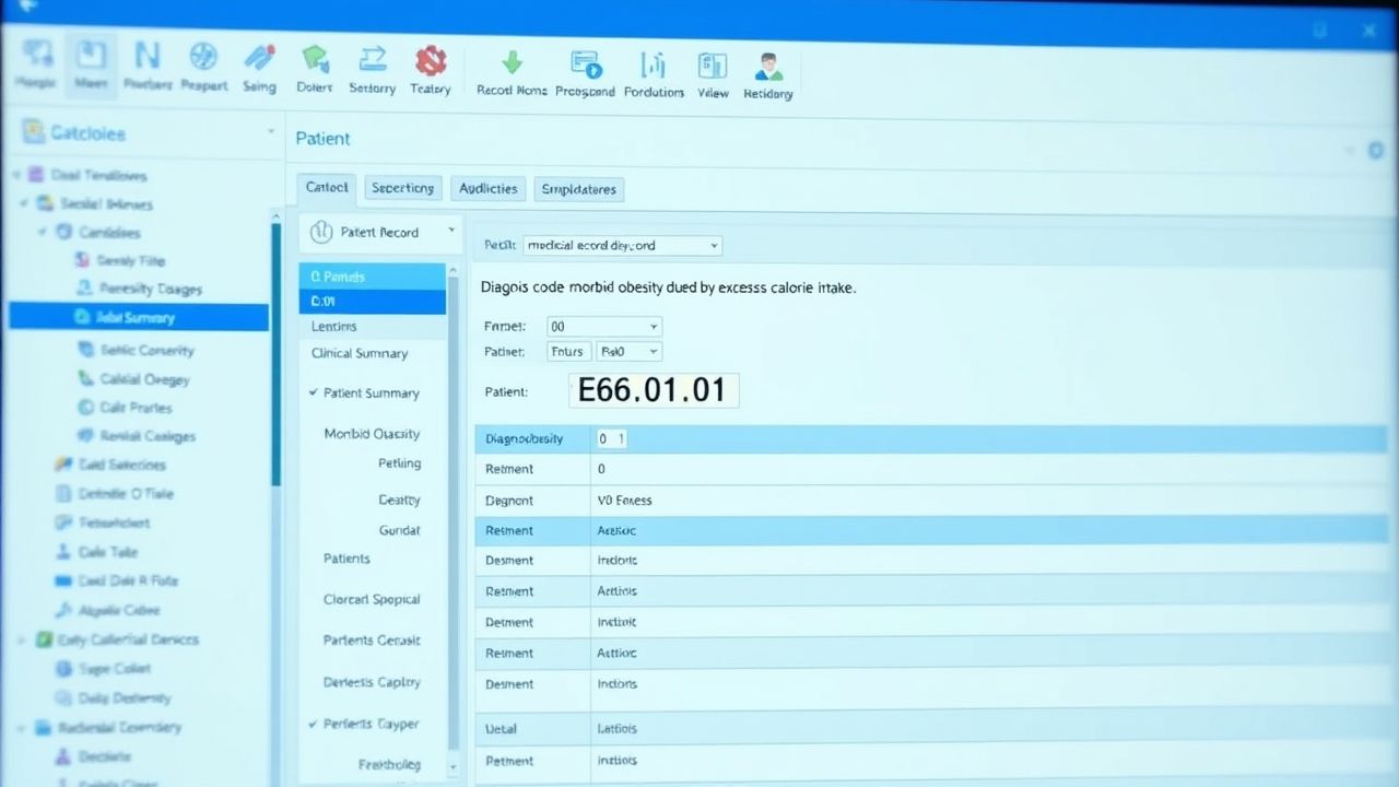 Screenshot of E66.01 diagnosis code for morbid obesity due to excess calories in a medical record system.