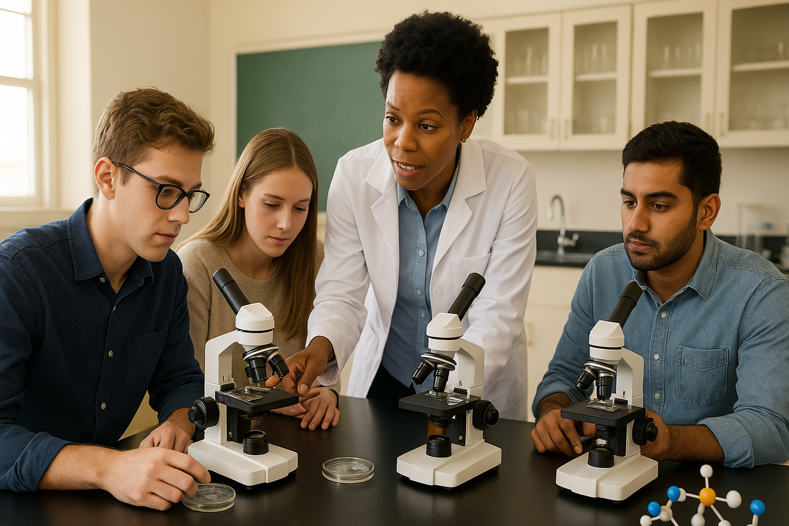 Teacher and students exploring biology experiments with Carolina Biological resources