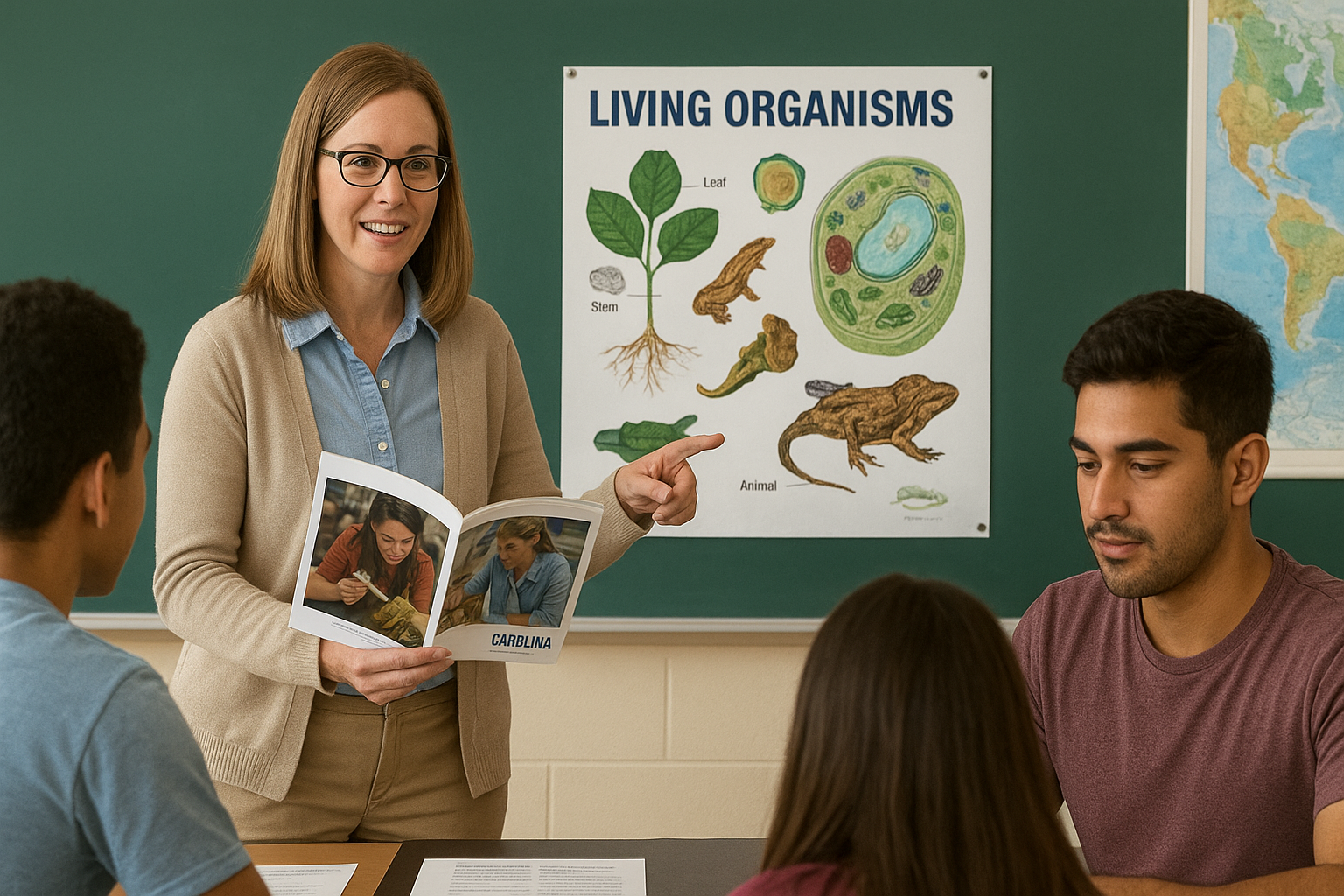 Teacher using Carolina Biological guides and resources for science teaching.